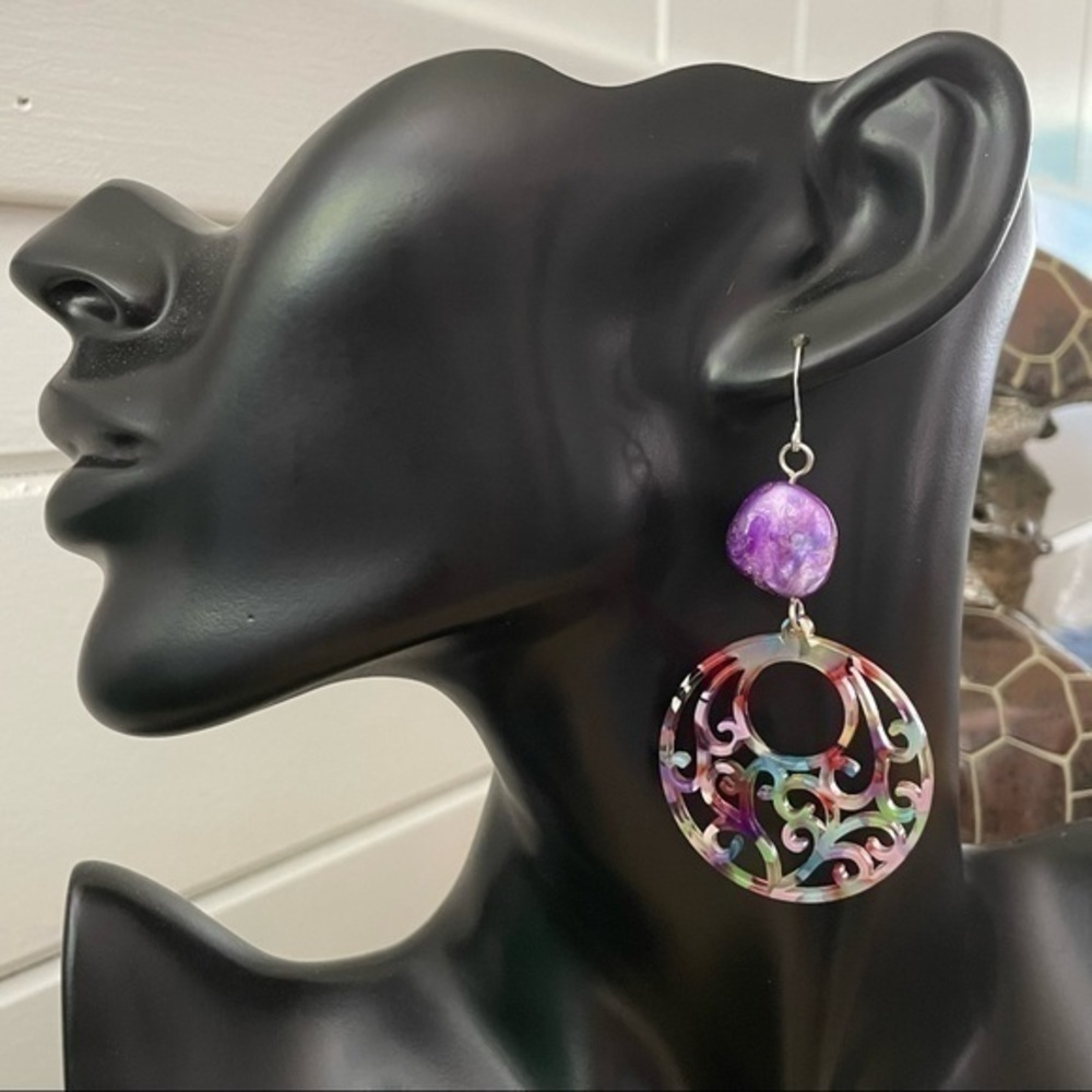 2/$29 Handmade Rainbow Acrylic Hoop & Purple Shell Earrings 3β Y2K 90s 80s - Picture 2 of 5